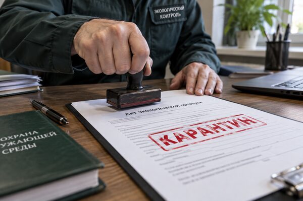 Человек ставит штамп на документ с красной надписью «КАРАНТИН» на рабочем столе.