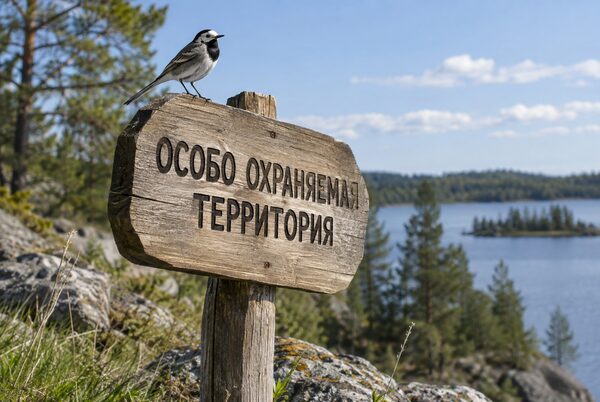 Деревянный знак «Особо охраняемая территория» с птицей на верхнем краю на берегу водоёма.