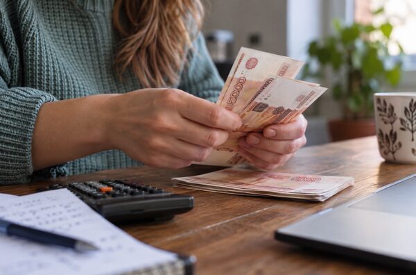 Человек пересчитывает рублёвые банкноты за рабочим столом с калькулятором и документами.