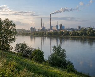 Промышленный комплекс с трубами виден за спокойным водоёмом и зелёным берегом.