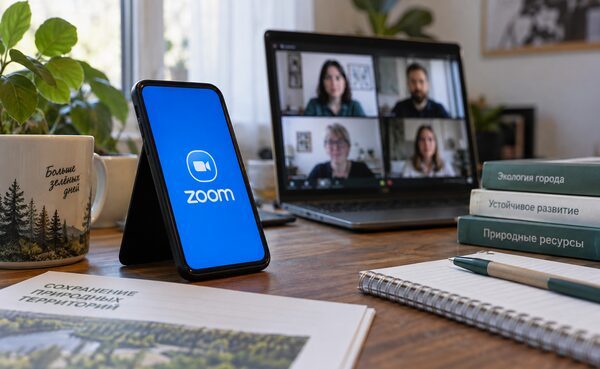 Смартфон с открытым Zoom рядом с ноутбуком, на экране которого видны участники видеовстречи.