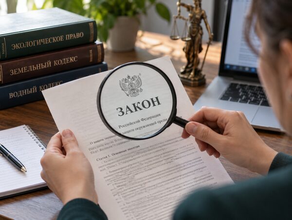 Человек рассматривает документ с заголовком «Закон» через лупу; рядом лежат книги по экологическому, земельному и водному праву.