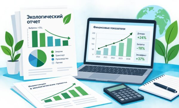 Ноутбук, бумажный экологический отчёт, графики и калькулятор в бело-зелёной иллюстрации.
