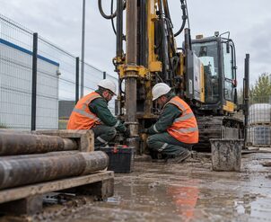 Два работника в зелёной спецодежде, оранжевых жилетах и белых касках работают с оборудованием у буровой установки.
