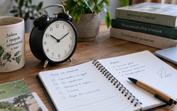 Настольные часы, блокнот со списком задач, карандаш и книги о природных ресурсах на рабочем столе.