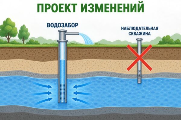 Иллюстрация с заголовком «Проект изменений», водозаборной скважиной и подземным водоносным слоем; отдельная наблюдательная скважина перечёркнута красным знаком отмены.