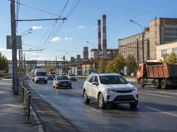 Легковые и грузовые автомобили едут по дороге вдоль заводских зданий и дымовых труб.